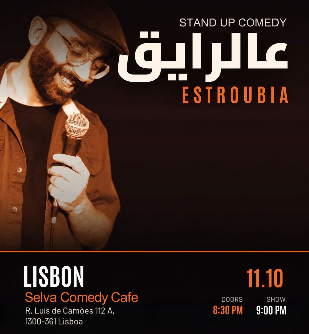 Official ESTROUBIA 3al Reyi2 poster for Selva Comedy Cafe in Lisbon